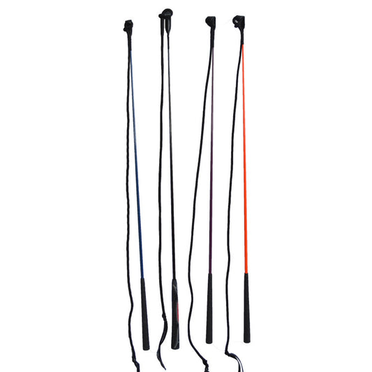Five equestrian training whips with black handles and shafts in blue, black, purple, and orange, for horse riding.