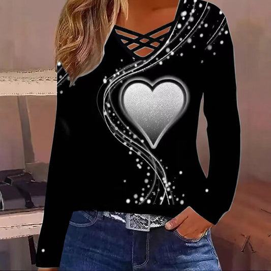 Blusa Casual de Manga Larga con Escote en V y Patrón de Corazones