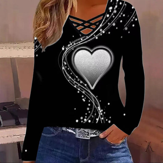 Blusa Casual de Manga Larga con Escote en V y Patrón de Corazones