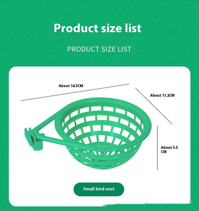 Green plastic bird nest with a grid design and an attached clip, measuring approximately 17.5cm wide. - Image 14
