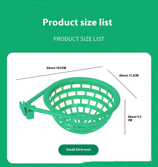 Green plastic bird nest with a grid design and an attached clip, measuring approximately 17.5cm wide. - Image 14