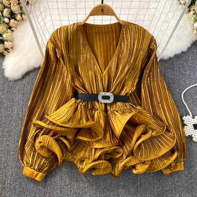 Blusa Suelta con Cuello V, Mangas Largas y Volantes en Bajo - Image 6