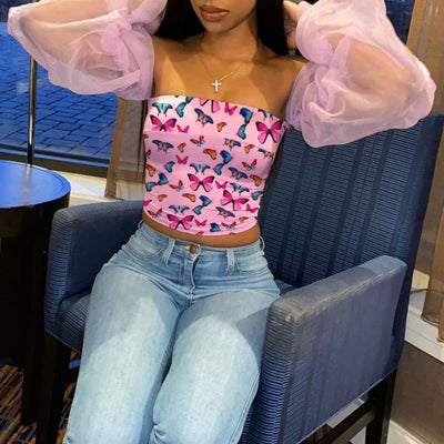 Blusa Envolvente con Mangas de Malla y Estampado de Mariposas - Image 3