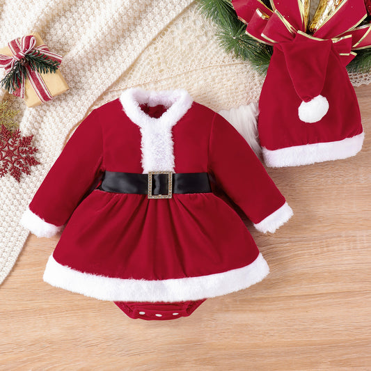 Enterizo Navideño de Felpa con Manga Larga y Gorro Coordinado