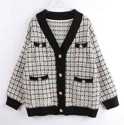 Cardigan Tejido Cuadros Mujer Estilo Elegante Oversize Abrigo Grueso - Image 23