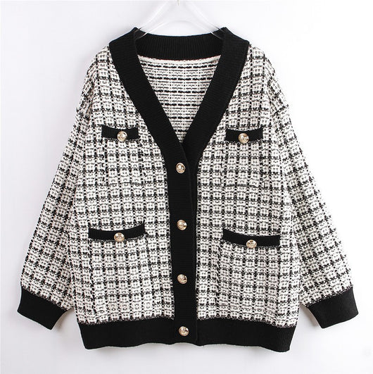 Cardigan Tejido Cuadros Mujer Estilo Elegante Oversize Abrigo Grueso - Image 23