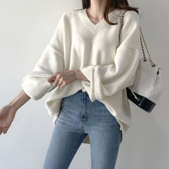 Cardigan Tejido Suelto Cuello en V Color Sólido para Mujer