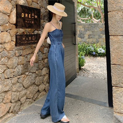 Pantalón Denim Vintage con Tirantes Plisado de Pierna Ancha - Image 9