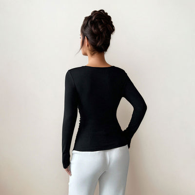 Blusa Base Plisada Cuello Oblicuo Mujer Esbeltecedora Primavera Otoño - Image 2