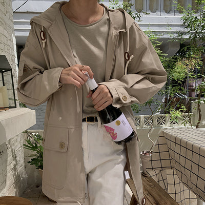 Abrigo Trinchera Holgado con Capucha Retro Casual