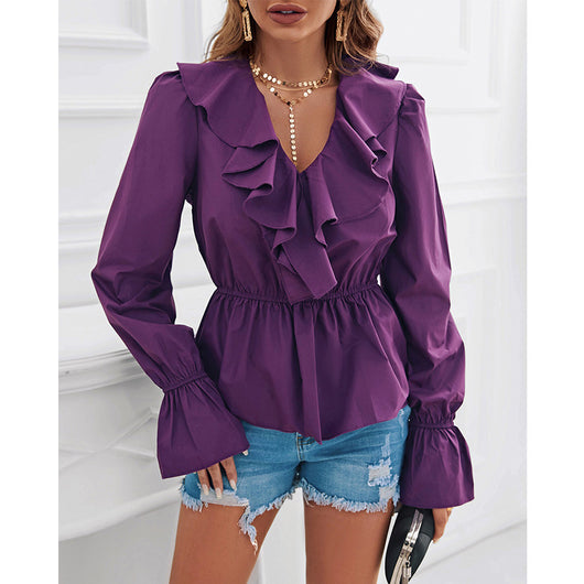 Blusa Elegante con Volantes y Cuello en V