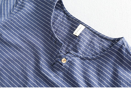Camiseta Hombre Algodón Rayas Cuello Abierto Manga Corta Suelta Casual - Image 16