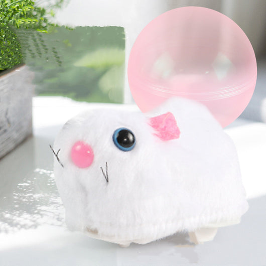 Beige plush simulated hamster cat toy with pink ears and a small tail, next to a translucent pink rolling ball. - Image 3