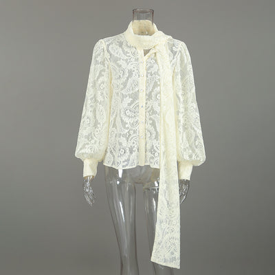 Blusa Elegante de Encaje Francés con Mangas Largas Transparentes - Image 7