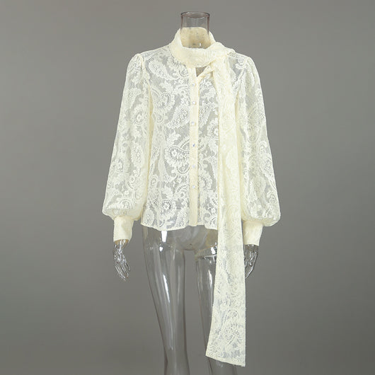 Blusa Elegante de Encaje Francés con Mangas Largas Transparentes - Image 7