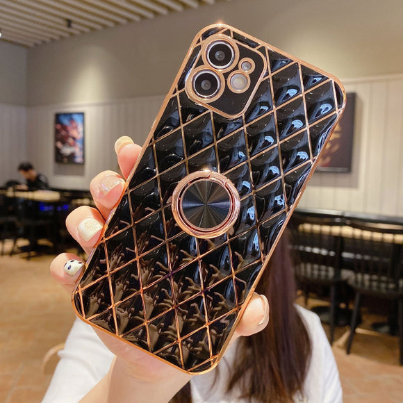 Funda para Teléfono con Anillo Soporte de Piel de Cordero y Acabado Electrochapado