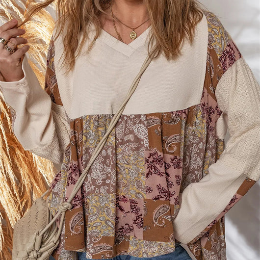 Blusa Suelta Étnica Patchwork Contraste Manga Larga Estampado Paisley Beige