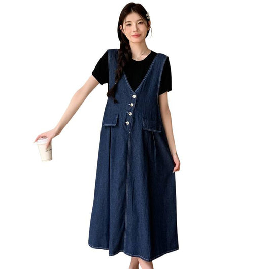 Conjunto de Dos Piezas: Falda Denim con Chaleco y Camiseta Base Talla Grande - Image 5