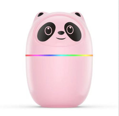Pink panda mini humidifier with a smiling face and a rainbow LED light band around its middle. - Image 6