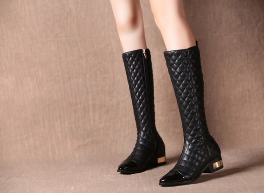 Botas Altas de Cuero Cuadrillé Estilo Británico para Mujer