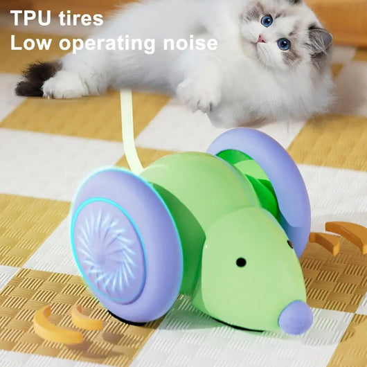White and grey electric mouse cat toy with large wheels, a glowing blue tail, and a USB charging cable. - Image 24