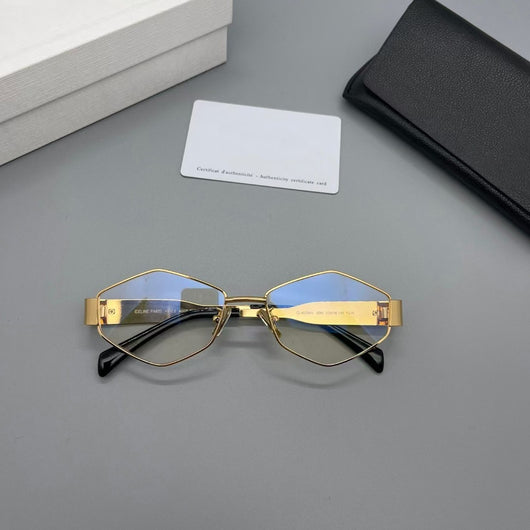 Gold metal polygon sunglasses with dark lenses, displayed with a white authenticity card and black case. - Image 3