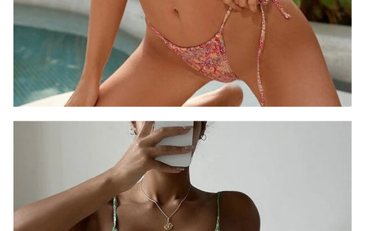 Green and yellow paisley print two-piece bikini swimsuit with a triangle top and tie-side thong bottom. - Image 16