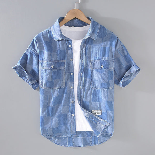 Camisa Denim Estampada de Manga Corta Cuadros Verano Hombre