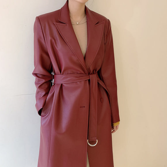 Abrigo Trench Coat de Cuero PU Doble Botonadura con Cuello de Traje