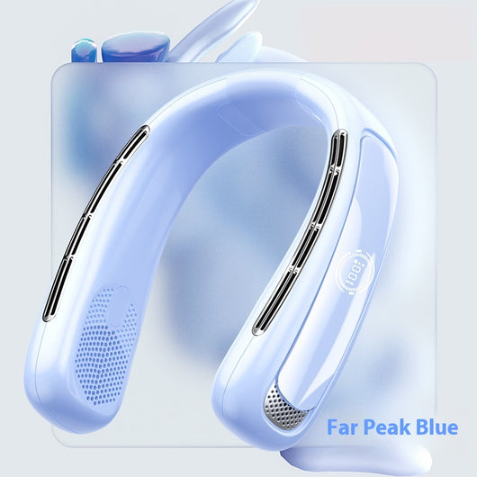Light blue U-shaped neck fan with a digital display showing 100% charge and multiple air vents. - Image 7