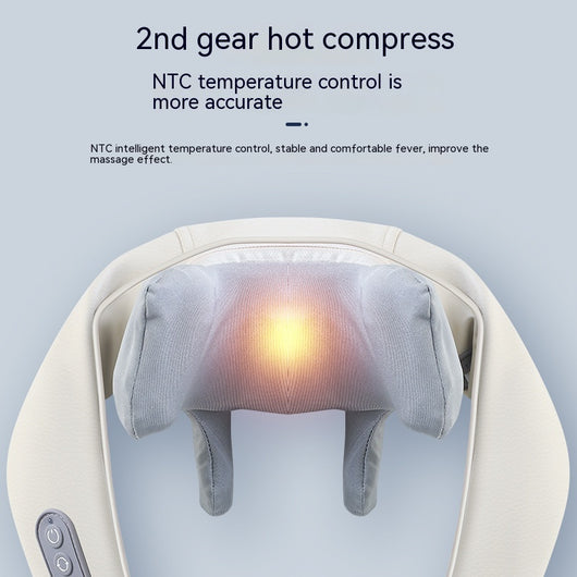 Light gray shoulder and neck massager with blue trim, featuring control buttons and adjustable straps. - Image 3