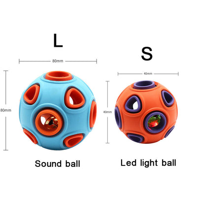 Blue and orange rubber pet toy ball with multiple circular cutouts, designed for interactive play and chewing. - Image 11