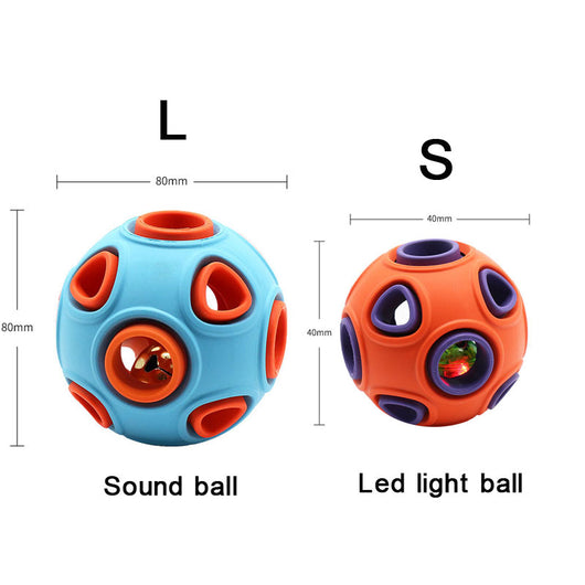 Blue and orange rubber pet toy ball with multiple circular cutouts, designed for interactive play and chewing. - Image 11