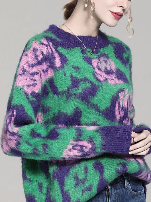 Suéter Pullover para Mujer con Cuello Redondo y Jacquard Floral Bicolor - Image 11