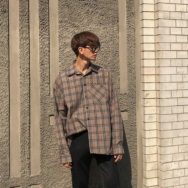 Camisa Cuadros Vintage Suelta Manga Larga para Hombre