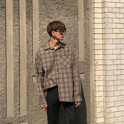 Camisa Cuadros Vintage Suelta Manga Larga para Hombre