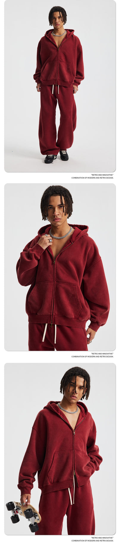 Men's pink washed full-zip hooded jacket and matching sweatpants set, featuring a relaxed fit and drawstring details. - Image 15