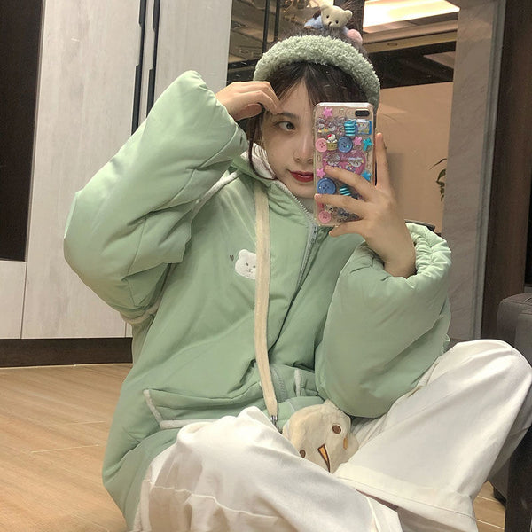Chaqueta de Algodón Suave con Bolsillo Osito y Cuello de Pelaje Desmontable