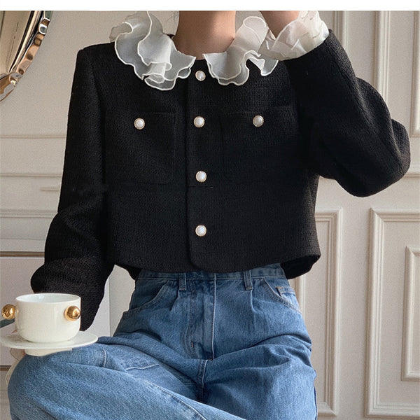 Abrigo Tweed Corto Estilo Hepburn con Volantes - Elegancia Francesa para Mujer