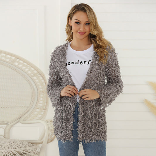 Abrigo Cardigan Largo de Mujer Otoño con Tela Felpa Premium