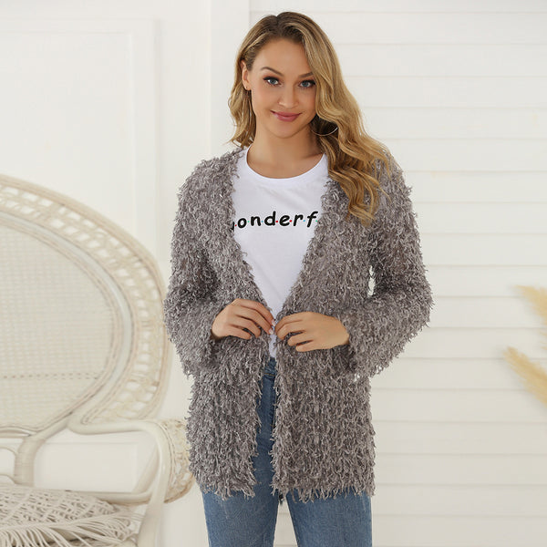 Abrigo Cardigan Largo de Mujer Otoño con Tela Felpa Premium