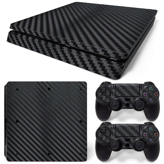 Pink carbon fiber patterned stickers for a PS4 Slim console and two controllers, showing a woven texture. - Image 3