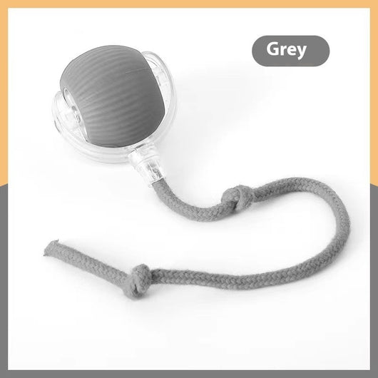 Blue and grey pet toy ball with a green textured tail for cats, shown on a blue background. - Image 13