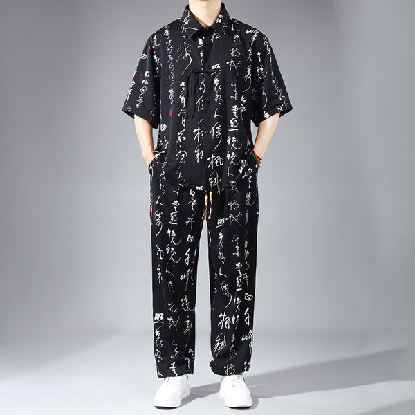 Conjunto de Camisa y Pantalón Slim Fit en Seda de Hielo con Botones de Nudo Chino