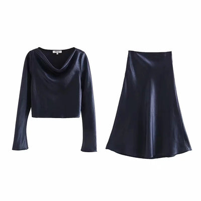 Conjunto Casual: Blusa Manga Larga + Falda de Satén - Image 10