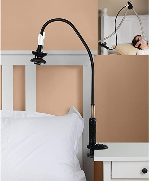White flexible gooseneck ventilator hose bracket with a device clamp and a C-clamp base. - Image 13