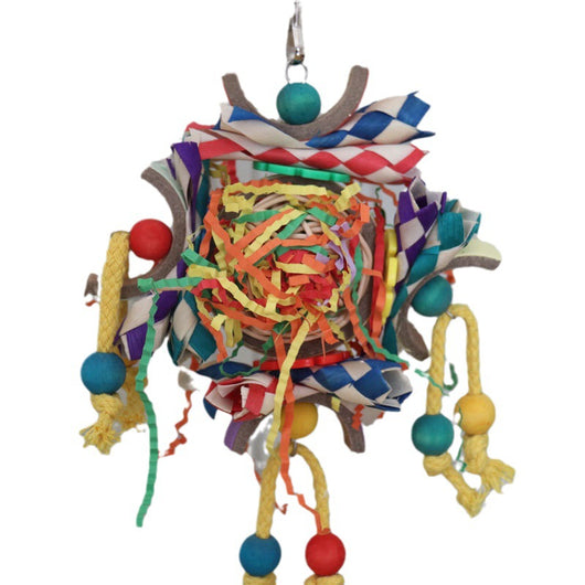 Colorful bird toy with paper tubes, shredded paper, and wooden beads, hanging inside a white wire bird cage. - Image 5