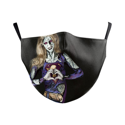 Beige double-layer dust mask with ear hooks, featuring a digital print of a wide, creepy smile with white teeth and red gums. - Image 5