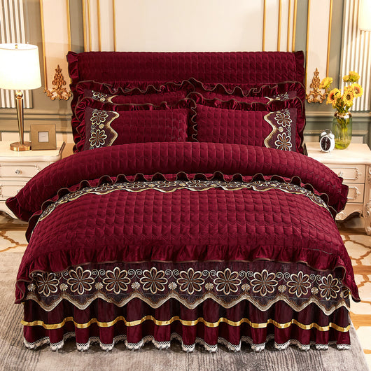 Juego de Cama Acolchado Europeo 4 Piezas con Faldón y Forro Grueso de Felpa - Image 13