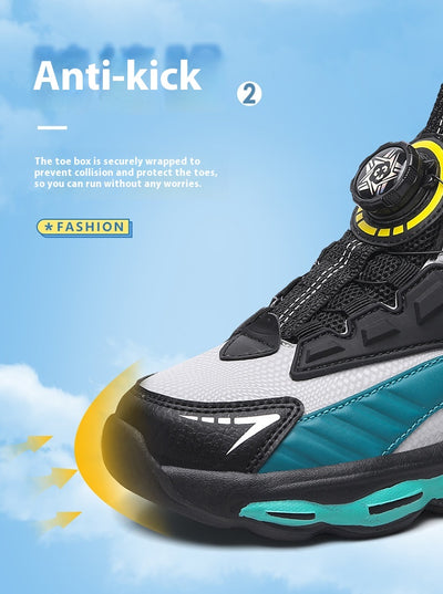 Black, white, and neon green children's basketball shoes with rotating buckle closure, featuring a mid-top design. - Image 23